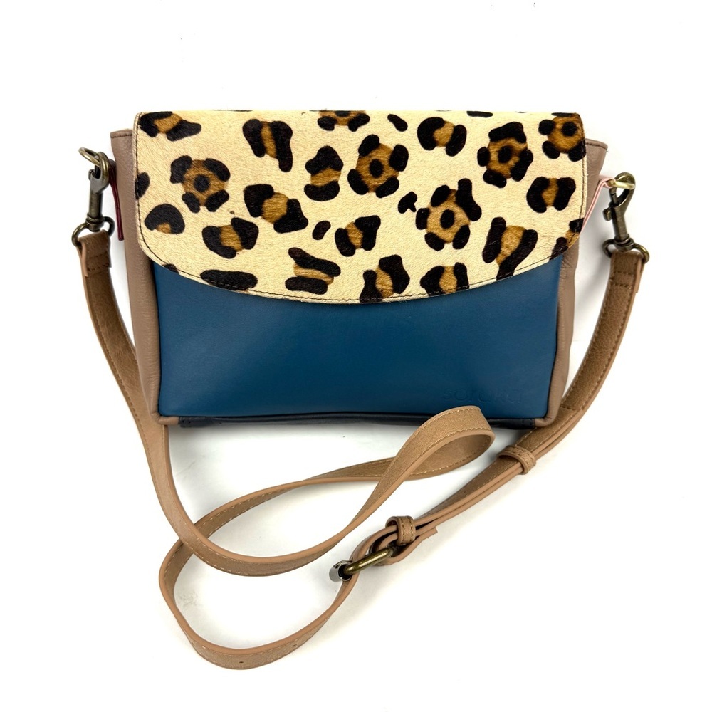 Soruka Crossbody Bag Blue‎ Leopard Pront Calf Hair Leather Handbag Purse New